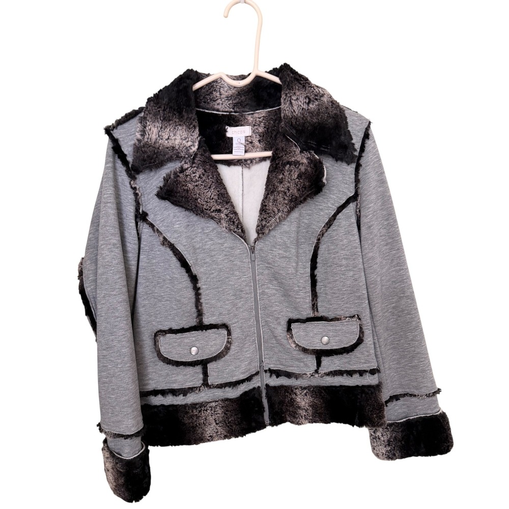 Chicos Grey Faux Fur Trim Zip Up Jacket Size Chicos 0 US Small